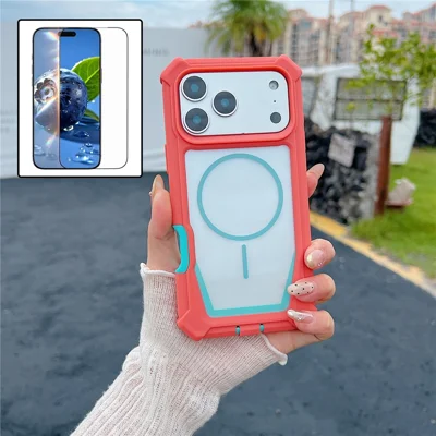 Coque pour iPhone 17 Pro compatible MagSafe, design bicolore, housse anti-choc avec film en verre trempé - Orange / Bleu