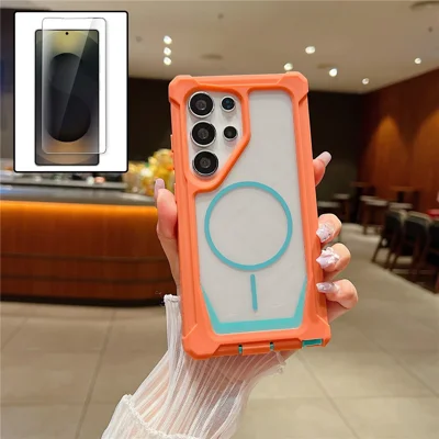 For Samsung Galaxy S25 Ultra Magnetic Case TPU + Acrylic Protective  Phone Cover with Tempered Glass - Orange  /  Blue