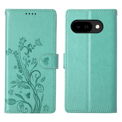 Für Google Pixel 10a Brieftaschenhülle Schmetterling Blumenprägung PU-Leder Handyhülle mit Handschlaufe - Grün