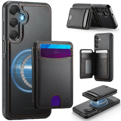 JEEHOOD For Samsung Galaxy A15 5G / Galaxy A15 4G Magnetic Case  J10 Leather Back Phone Cover with Detachable Card Holder Kickstand - Black