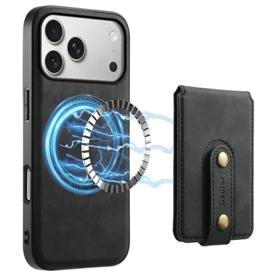 DENIOR D14 For iPhone 18 Pro Max / 17 Pro Max Magnetic Case with Detachable Card Holder Kickstand PU+TPU+PC Phone Cover - Black