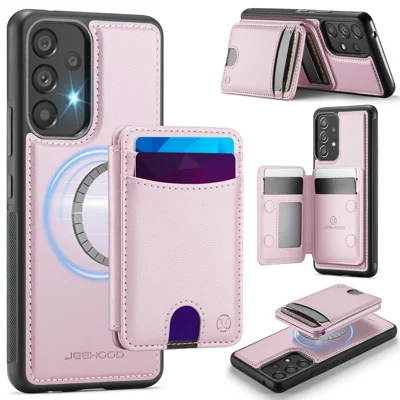 JEEHOOD For Samsung Galaxy A53 5G Magnetic Case  J10 Leather Back Phone Cover with Detachable Card Holder Kickstand - Pink