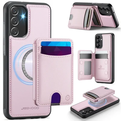 JEEHOOD For Samsung Galaxy A34 5G Magnetic Case  J10 Leather Back Phone Cover with Detachable Card Holder Kickstand - Pink