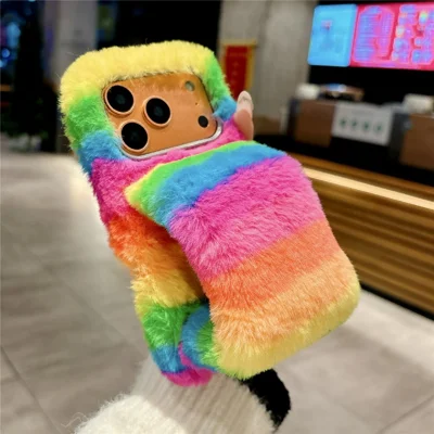 For iPhone 17 Pro Max Rainbow Fluffy Phone Case Winter Warm Hand Strap TPU Cover - Rainbow