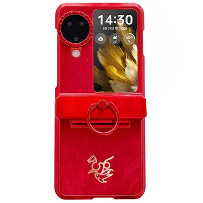 For Oppo Find N3 Flip 5G Case New Year Horse Pattern PC Phone Cover with Ring Holder and Tempered Glass Rear Screen Film