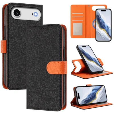 For iPhone Air Leather Case Detachable Wallet Magnetic Phone Cover with Hand Strap - Black / Orange