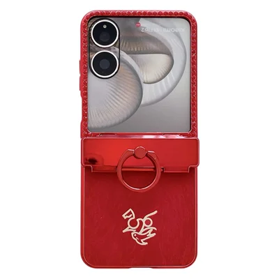 For Xiaomi Mix Flip 2 Case New Year Horse Pattern PC Phone Cover with Ring Holder and Tempered Glass Rear Screen Film
