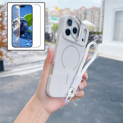 For iPhone 17 Pro Max Magnetisk Case TPU + PC Linselukket Telefonbeskytter med Hæl og Tempered Glass og Rem, Kompatibel med MagSafe - Hvid