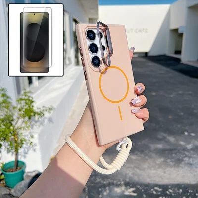 For Samsung Galaxy S25 Ultra Magnetic Case  TPU + PC Lens Kickstand Phone Cover with Tempered Glass and Strap - Gold