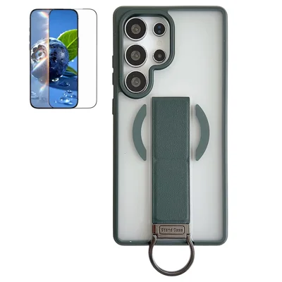 For Samsung Galaxy S25 Ultra Magnetic Case  Skin Touch TPU + PC  D Ring Kickstand Phone Cover with Tempered Glass - Green