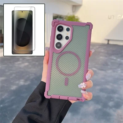 For Samsung Galaxy S25 Ultra Magnetic Case Carbon Fiber Texture TPU Protective Phone Cover With Tempered Glass - Purple