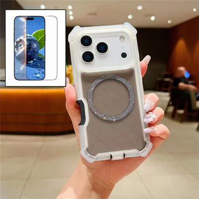 For iPhone 17 Pro Max Magnetic Case Glitter Powder TPU  + Acrylic Drop-proof Phone Cover with Tempered Glass Compatible with MagSafe - Transparent Black