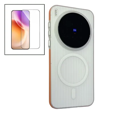 Für vivo X300 5G TPU Magnetfall Matte gewellte Streifen Design Telefonrückseite mit gehärtetem Glas - Orange