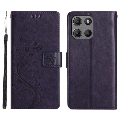 For Motorola Moto G (2026) 5G Leather Wallet Case Butterfly Flower Imprinted Phone Cover with Strap - Dark Purple