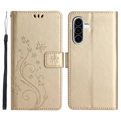 Für Samsung Galaxy A37 Ledertasche Schmetterling Blumenprägung Handyhülle mit Band - Gold