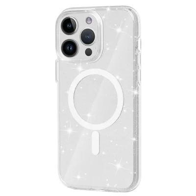 AMORUS Capa para iPhone 15 Pro Max Compatível com MagSafe, Capa de Telemóvel em PC + TPU com Pó de Glitter - Branco