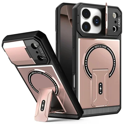 Massekøb af støttebeslag til iPhone 17 Pro Max, kompatibel med MagSafe TPU + PC telefonbeskyttelse med kamera klaphælge - Lyserød