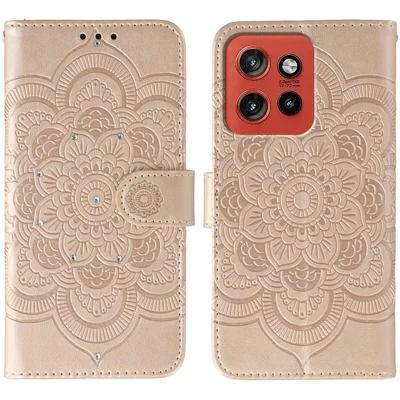 For Motorola Edge 60 Neo 5G / Edge 50 Neo 5G / Moto S50 5G / ThinkPhone 25 5G Case Rhinestone Decor PU Leather Mandala Imprint Phone Cover with Wrist Strap - Rose Gold