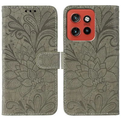 For Motorola Edge 60 Neo 5G / Edge 50 Neo 5G / Moto S50 5G / ThinkPhone 25 5G Case Lace Flowers PU Leather Flip Wallet Phone Cover - Grey