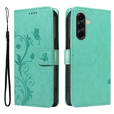 Voor Samsung Galaxy A57 PU Leren Hoesjes met Bloemenpatroon Portemonnee Stand Telefoonhoes met Bandje - Groen