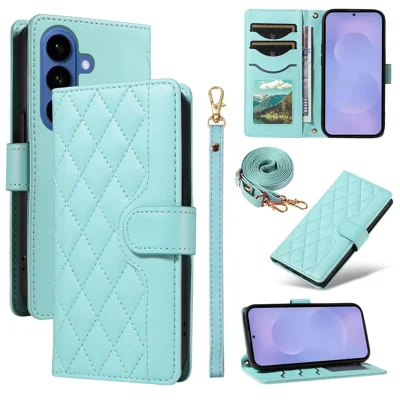 Capa Carteira para Samsung Galaxy S26+ com Capa em Couro com Padrao de Losango e Alça - Verde