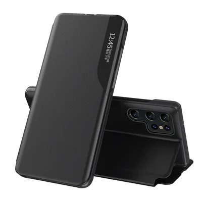 PU Leather Phone Case for Samsung Galaxy S23 Ultra Protective Case Anti-Fall View Window Folio Flip Cover with Stand - Black