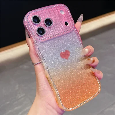For iPhone 17 Pro Case Sparkle Rhinestone Decor TPU Phone Cover with Glitter Gradient Card - Pink / Orange
