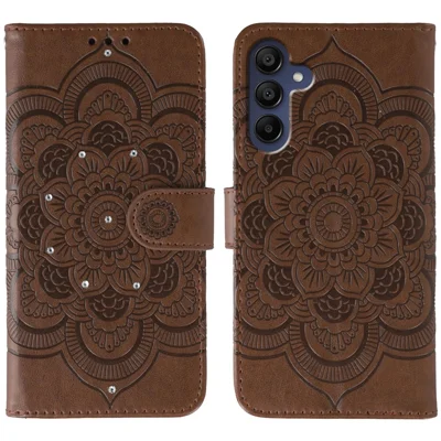 Voor Samsung Galaxy A37 Hoesje Strassdecor Kunstleer Mandala Afdrukken Telefoonhoesje met Polsbandje - Bruin
