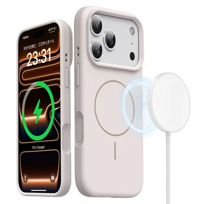 Funda magnética para iPhone 17 Pro Max, carcasa de silicona líquida suave y amigable con la piel + PC, compatible con MagSafe - Blanco antiguo