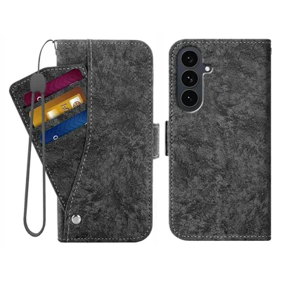 For Samsung Galaxy S26+ Case Water-ink Painting Wallet PU Leather Phone Cover with Rotating Card Slots - Black
