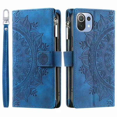 For Xiaomi 11 Lite 5G NE / Mi 11 Lite 5G / 4G Zipper Pocket Phone Case Mandala Flower Imprinted PU Leather Stand Cover Multiple Card Slots Wallet - Blue