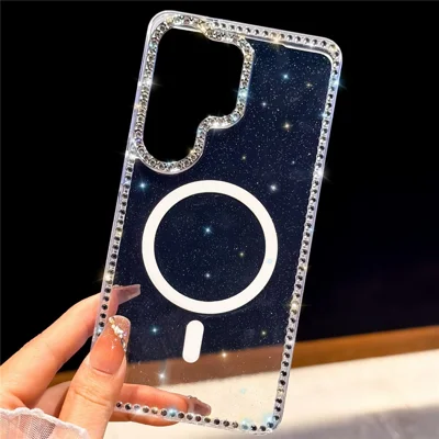 For Samsung Galaxy S25 Ultra Magnetic Case Rhinestone Edge Glitter Back TPU + PC IMD Phone Cover - Glitter Transparent