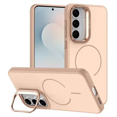 For Samsung Galaxy S24 FE Magnetic Case Skin-touch PC + TPU Phone Cover with Foldable Kickstand - Desert Gold