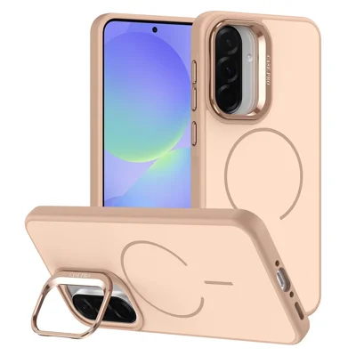 For Samsung Galaxy A15 5G  /  4G Case Skin-touch PC + TPU Magnetic Phone Cover with Lens Frame Kickstand - Desert Gold