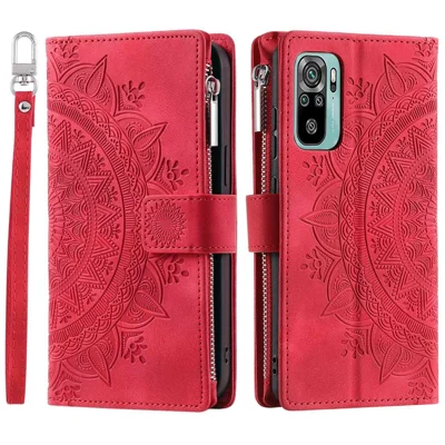 Per Xiaomi Redmi Note 10 4G / Note 10S 4G / Poco M5s 4G Custodia Protettiva Antigraffio per Telefono con Fiore Mandala Stampato in Pelle PU con Supporto, Cerniera, Tasche per Carte Multipli e Portafoglio - Rosa