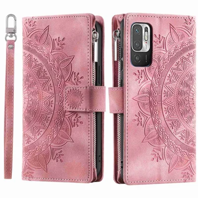 Multiple Card Slots Phone Case for Xiaomi Redmi Note 10 5G/Note 10T 5G/Poco M3 Pro 5G/Poco M3 Pro 4G Mandala Flower Imprinted PU Leather Zipper Pocket Wallet Cover - Rose Gold