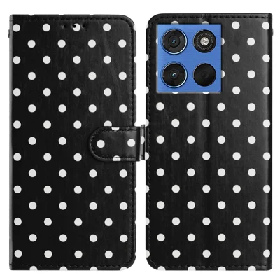 For Motorola Moto G Play (2025) 5G Leather Case Polka Dot Pattern Wallet Stand Folio Phone Cover - Black