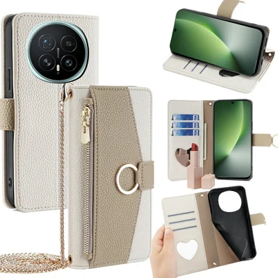 For Honor Magic8 5G Case Mirror Wallet Leather Phone Cover with Chain Shoulder Strap - White