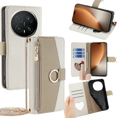 Voor Honor Magic8 Pro 5G hoesje met spiegel, portemonnee, lederen telefoonhoes met ketting schouderriem - Wit