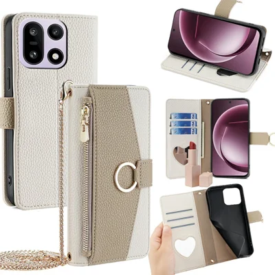 Étui pour OnePlus 15 5G avec miroir, portefeuille en cuir et sangle d'épaule chaîne - Blanc
