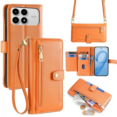 For Xiaomi Poco F8 Pro 5G / Redmi K90 5G Leather Case Zipper Pocket Wallet Phone Cover with 2 Straps - Orange