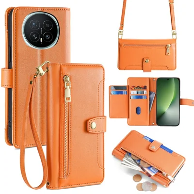 For Honor Magic8 5G Leather Case Zipper Pocket Wallet Phone Cover with 2 Straps - Orange