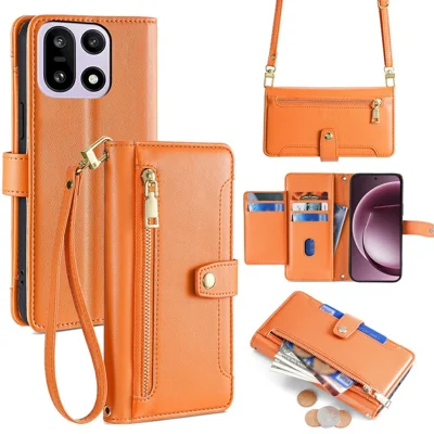 Cover in pelle per OnePlus 15 5G con tasca con cerniera, portafoglio, custodia per telefono con 2 cinghie - Arancione