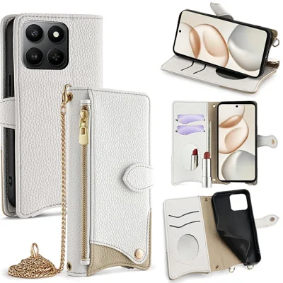 For Honor 400 Smart 5G / X7d 4G Leather Case Wallet Stand Cover Irregular Tail Style with Chain Strap - White