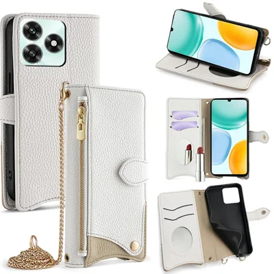 Cover in pelle per Honor X5c 4G, custodia portafoglio con supporto e stile di coda irregolare con tracolla a catena - Bianco