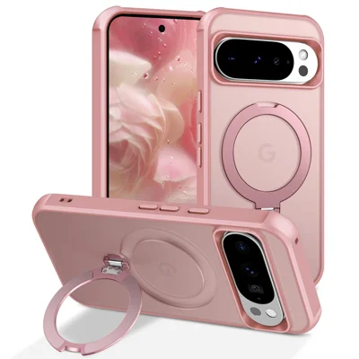 For Google Pixel 9 Pro XL Magnetic Case Kickstand TPU PC Shockproof Phone Back Cover - Pink