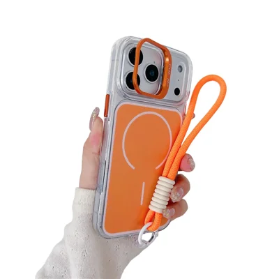 Für iPhone 17 Pro Hülle kompatibel mit MagSafe Objektiv-Ständer TPU Acryl-Handyhülle mit passendem Handgelenkband - Orange