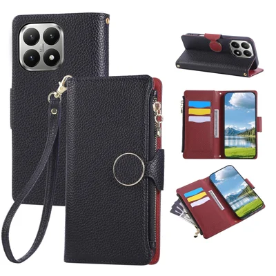 Coque pour Xiaomi 15T, étui portefeuille en cuir avec fermeture à glissière et sangle de poignet - Noir