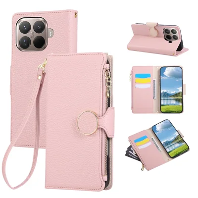 Étui pour Xiaomi 15T Pro avec portefeuille à fermeture éclair, housse en cuir avec dragonne - Rose