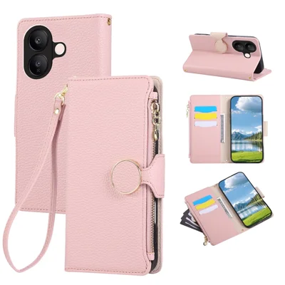 Étui pour vivo V60 Lite 5G, étui portefeuille en cuir avec fermeture à glissière et sangle de poignet - Rose